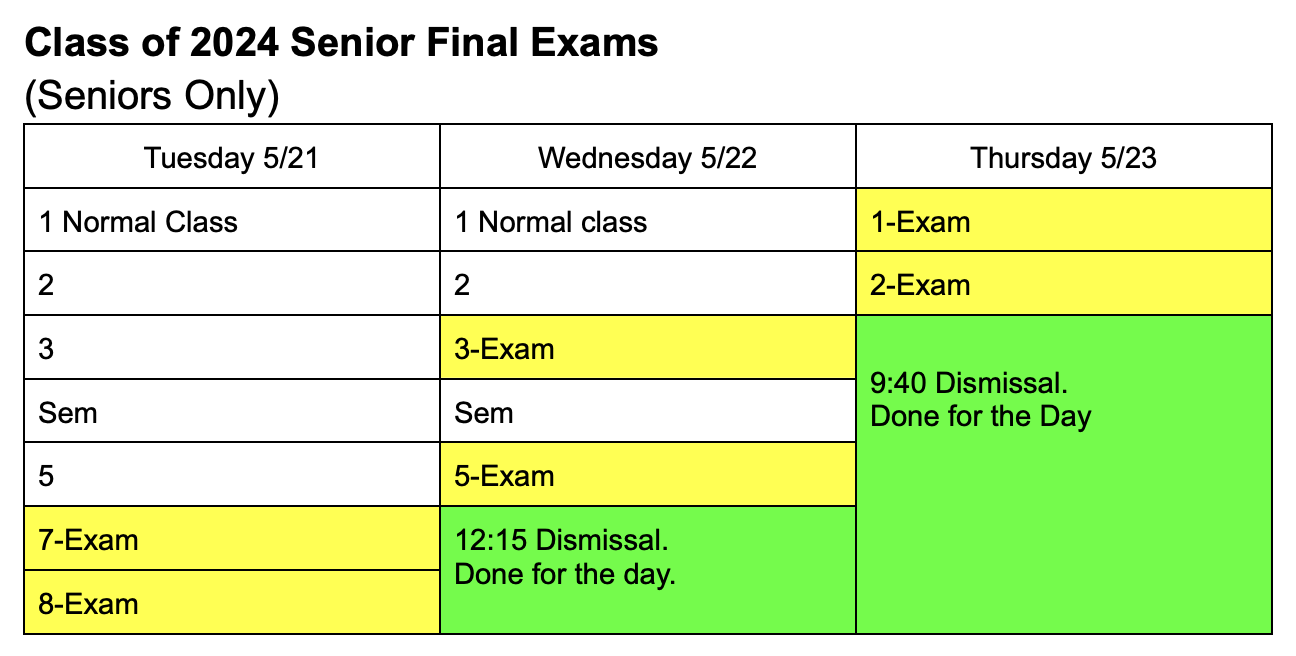 Senior Exams Tuesday May 21 7 and 8, Wednesday May 22 3 and 5, Thursday May 23 1 and 2